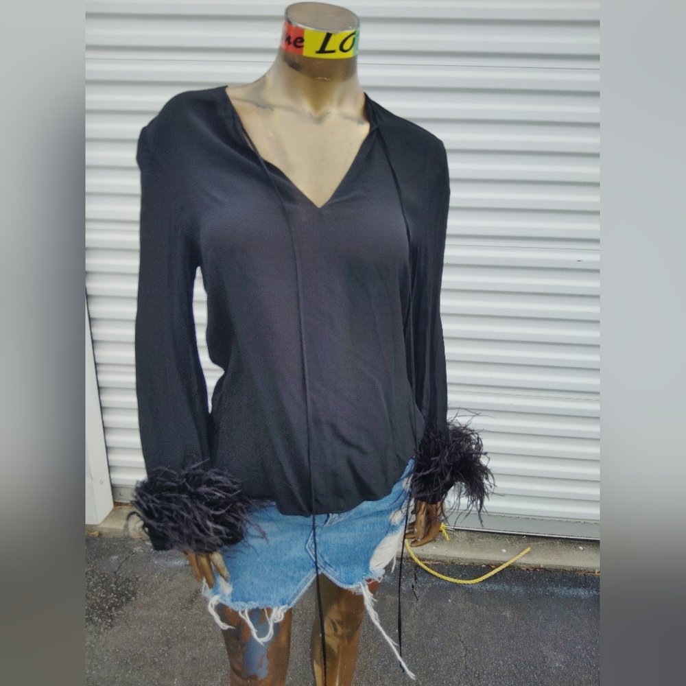 Zara Black Blouse with Feather Cuffs